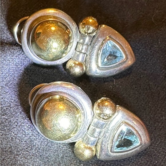 David Yurman Dangle Triangle Earrings Blue Topaz Sterling Silver & 14k Gold - Picture 9 of 9